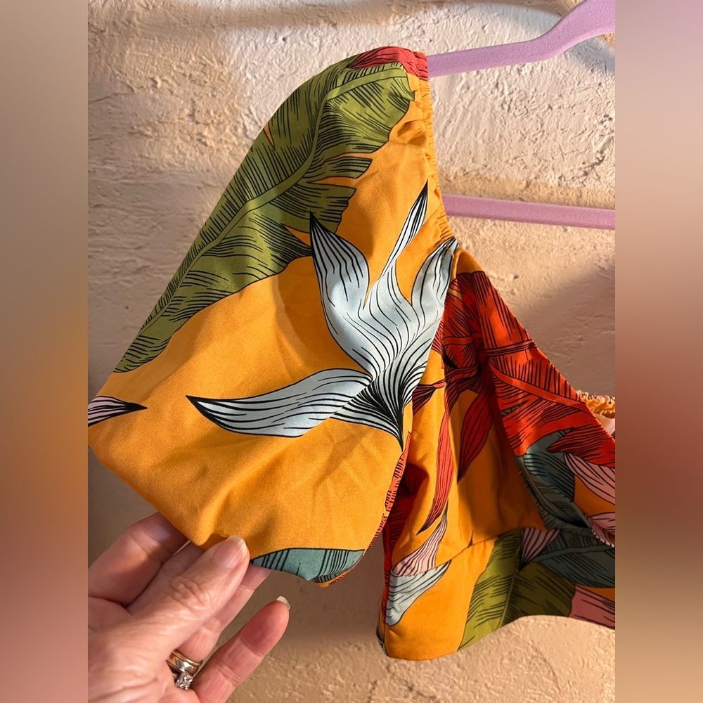 Orange and Blue Tropical Puff Sleeve Ruffled Crop Top summer beach resortwear - Picture 4 of 9